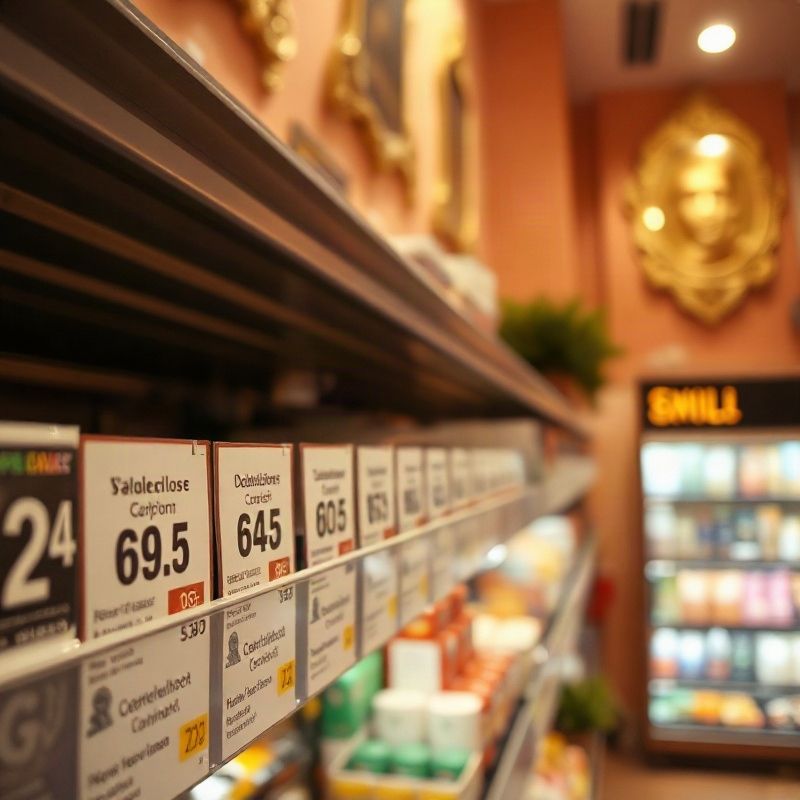 Regál supermarketu s cenovkami v českých korunách