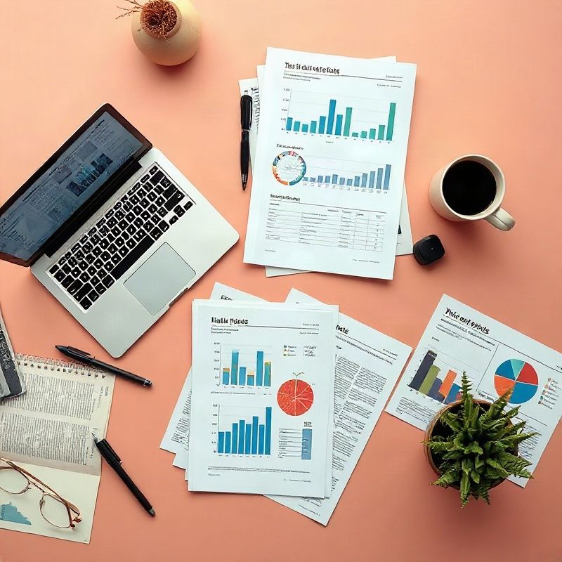 Redakční stůl s tištěnými statistikami a notebookem